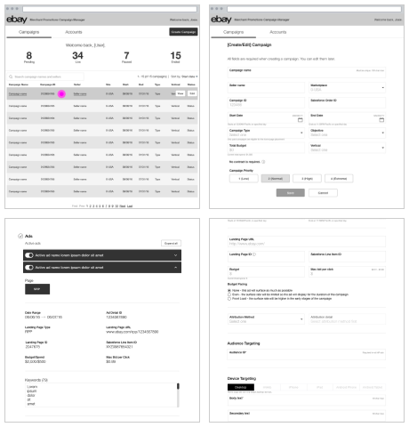 1PA Manage Ads wireframes